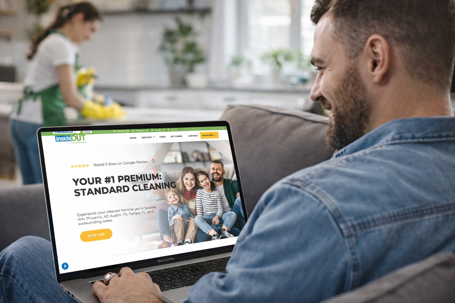Home cleaning service website shown on a laptop while a cleaner works in the background