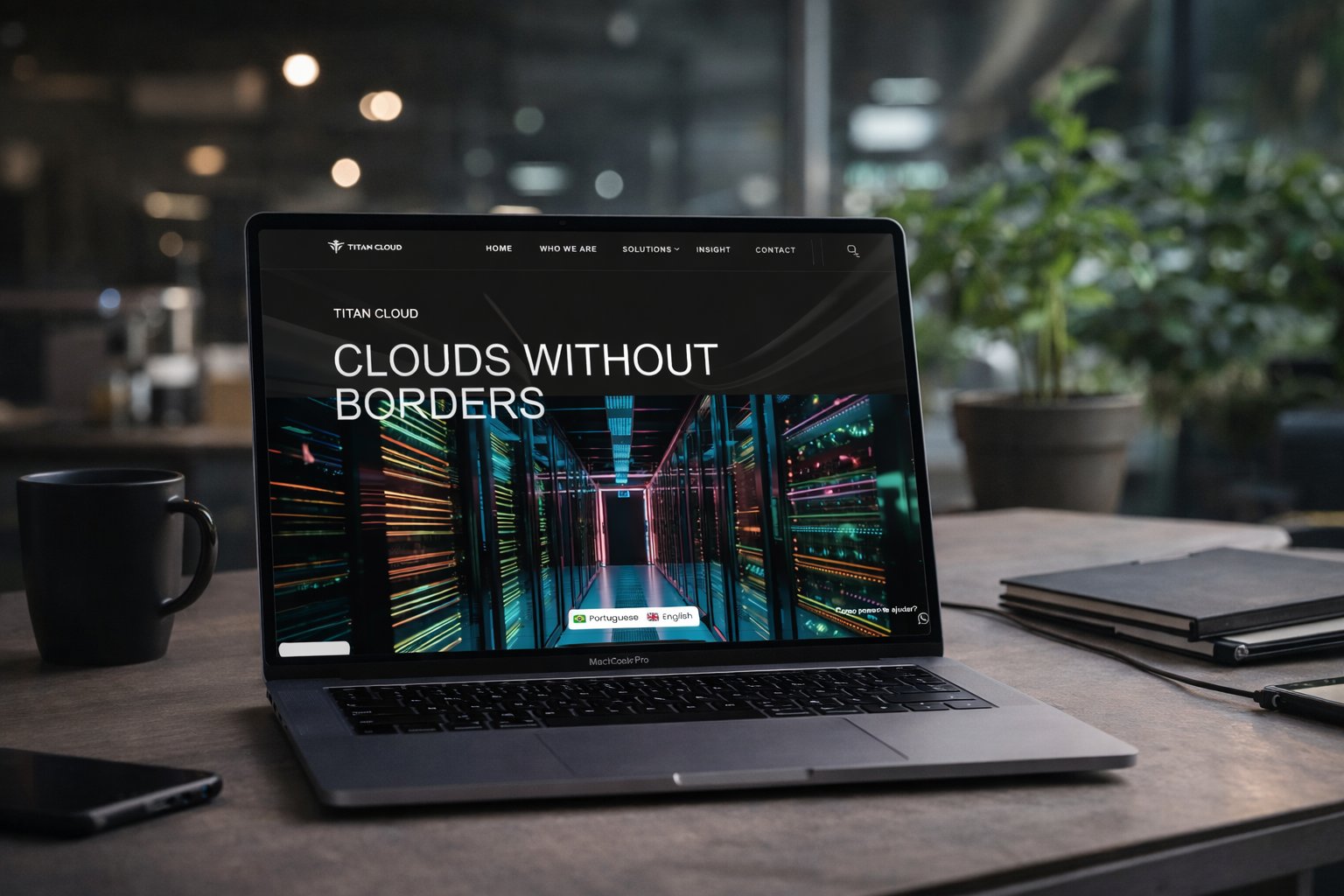 Titan Cloud website shown on a laptop in a modern office